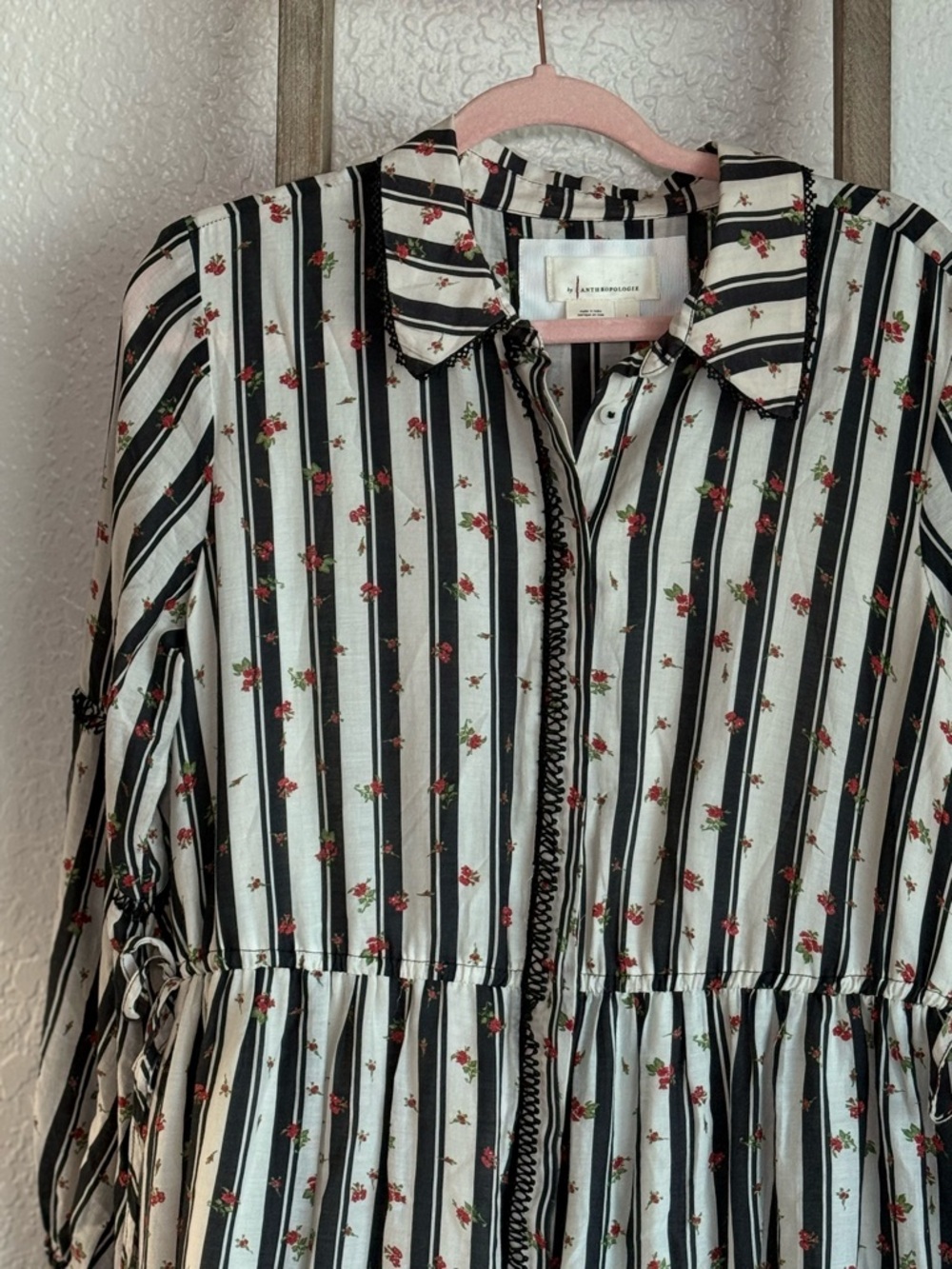 Anthropologie Cream and Black Striped Floral Maxi Shirt Dress - Picture 6 of 9